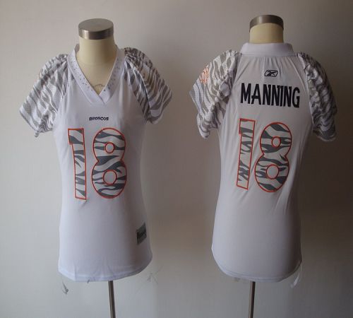 Broncos #18 Peyton Manning White Women's Zebra Field Flirt Stitched NFL Jersey
